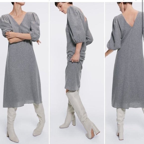 Zara Wool Blend Midi Dress Grey Size: S - Picture 3 of 6